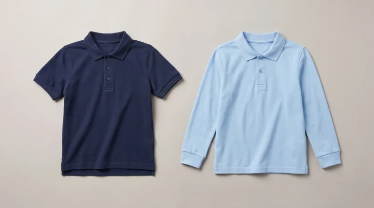 What Is a Polo Shirt? Navy short-sleeve and light-blue long-sleeve kids’ polo shirts laid flat with collars and button plackets visible