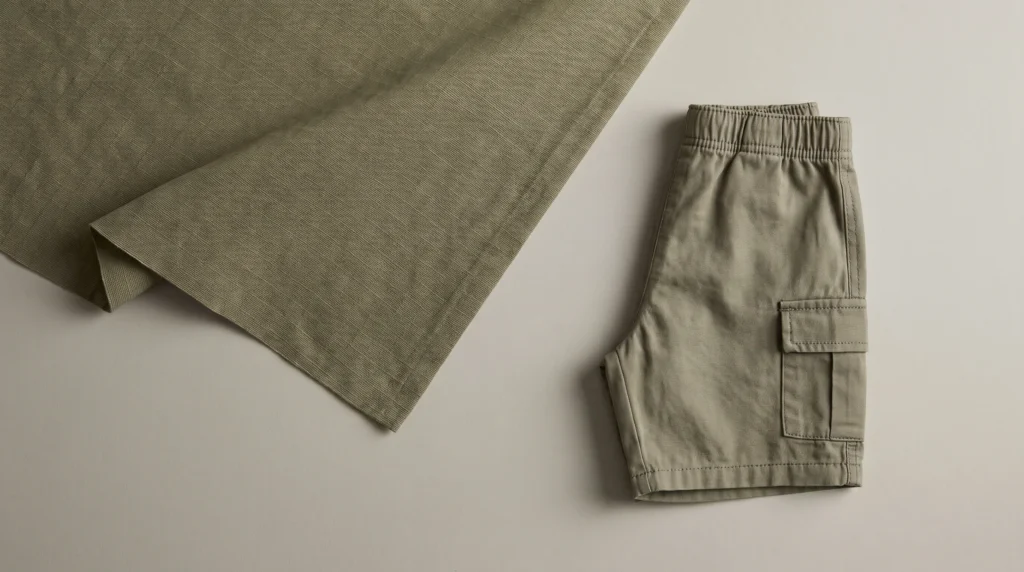 What Is Ripstop Fabric? Olive ripstop fabric swatch beside children’s cargo shorts with a side pocket.