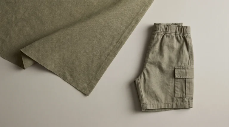 What Is Ripstop Fabric? Olive ripstop fabric swatch beside children’s cargo shorts with a side pocket.