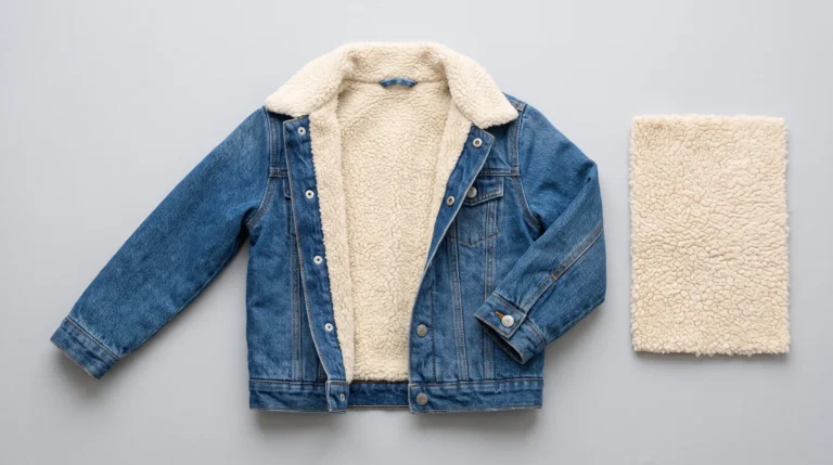 what is sherpa fabric, Blue children’s denim jacket opened to show a cream textured lining beside a matching fabric swatch