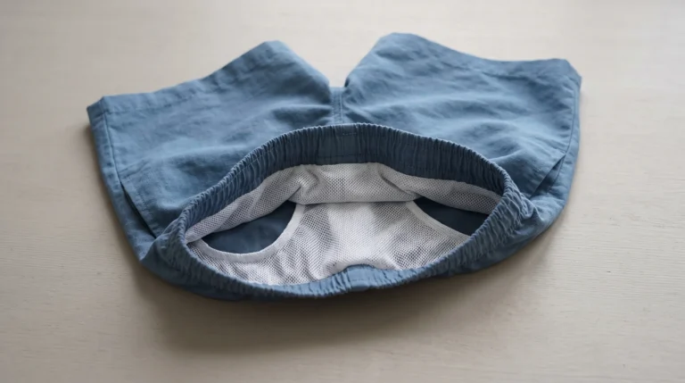 Why Do Swim Shorts Have Netting? Blue kids’ swim shorts with the waistband folded outward to show a white mesh liner.