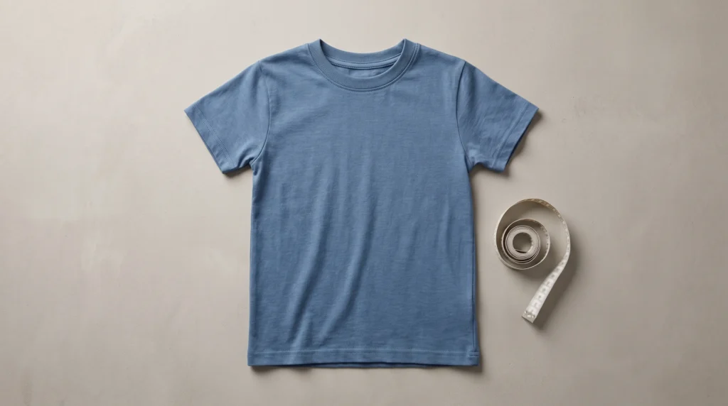Youth T Shirt Size Chart, laid flat beside a measuring tape on a light studio surface